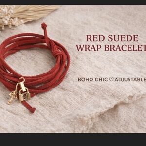 Red Suede Wrap Bracelet  or necklace w/Gold Lock & Key Charm Adjustable sold out